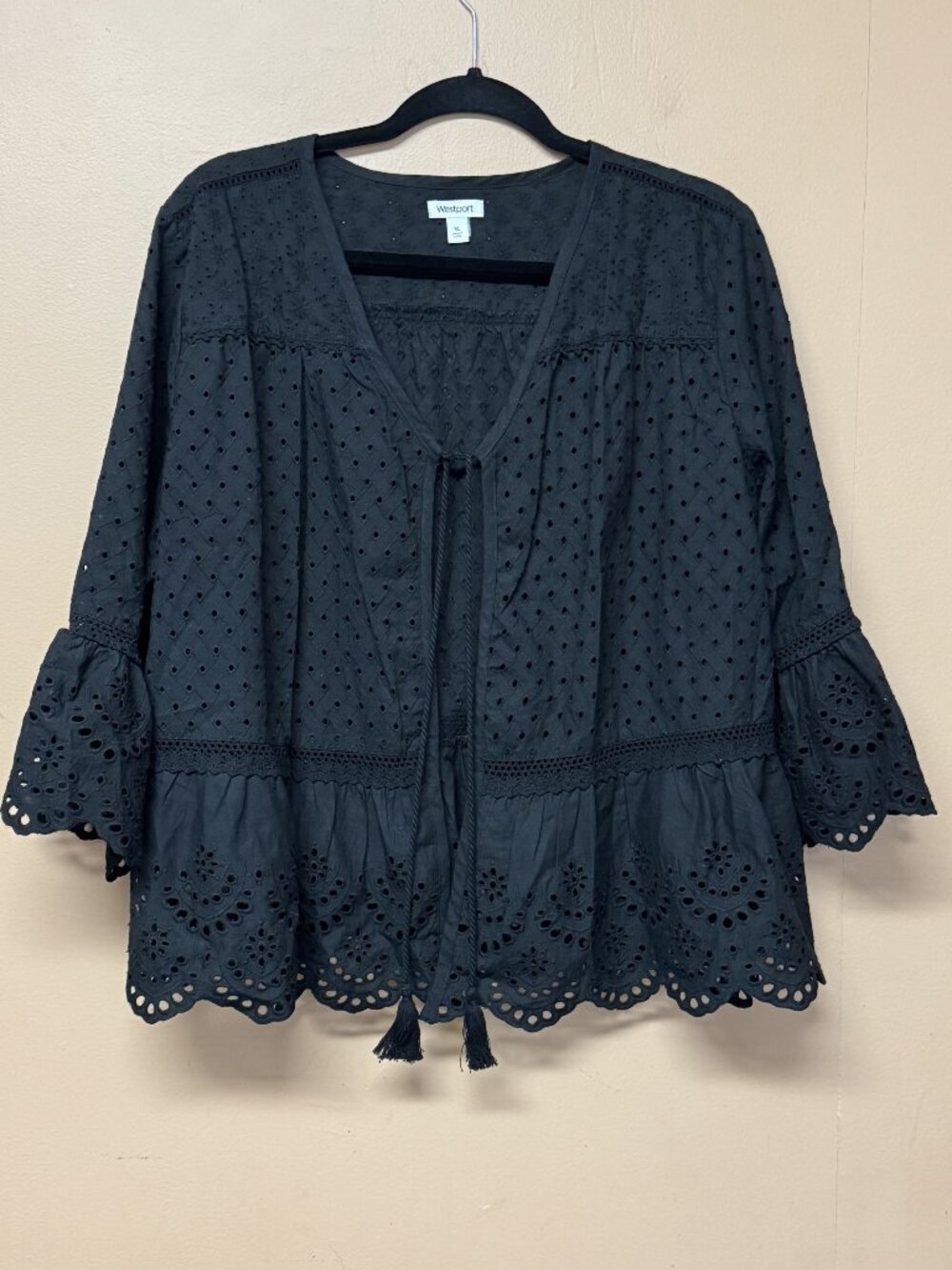 Westport Lightweight Open Cardigan XL Black Eyelit Lace Cotton Shrug
